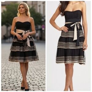 BCBGMAXAZRIA Strapless Dress Womens 8 Black Mesh Tiered Coquette Party Prom